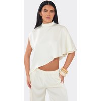High Neck One Shoulder Asymmetric Top In Cream Satin, Women's Size UK 14