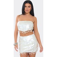 Bandeau Tassel Hem Crop Top In White Sequin, Women's Size UK 14