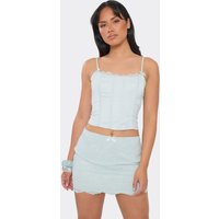 Strappy Bow Detail Lace Trim Corset Top In Blue Satin, Women's Size UK 6