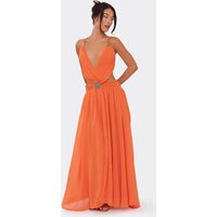 Strappy Trim Detail Cut Out Waist Maxi Dress In Orange Chiffon, Women's Size UK 6