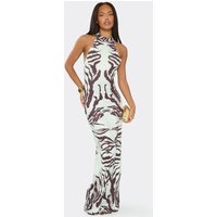 High Neck Bead Detail Open Back Maxi Dress In Multi Animal Print, Women's Size UK 14