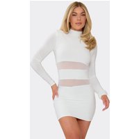 High Neck Shoulder Pad Mesh Panel Mini Dress In White, Women's Size UK 8
