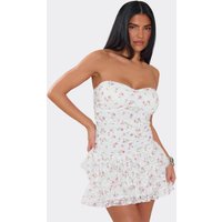 Bandeau Ruffle Hem Mini Dress In White Floral Print, Women's Size US 6