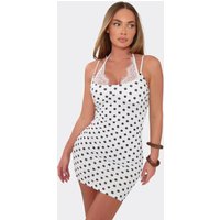 Halterneck Lace Trim Mini Dress In White Polka Dot, Women's Size UK M/L