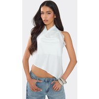 Cowl Halterneck Lace Trim Detail Open Back Top In White Satin, Women's Size US 6