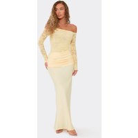 Long Sleeve Bardot Contrast Satin Draped Panel Maxi Dress In Lemon Lace, Women's Size UK 8