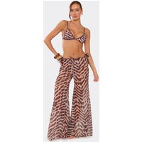 Triangle Tie Side Bikini Matching Set With Wide Leg Trousers In Multi Animal Print, Women's Size UK S