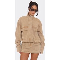 Long Sleeve Funnel Neck Pocket Detail Jacket In Stone Denim, Women's Size US 4