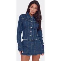 Long Sleeve Seam Detail Cinched Waist Jacket In Blue Denim, Women's Size UK 14