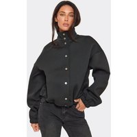 Long Sleeve High Neck Popper Front Oversized Scuba Jacket In Black, Women's Size US 4