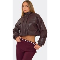 Long Sleeve High Neck Oversized Bomber Jacket In Plum Faux Leather, Women's Size US 10