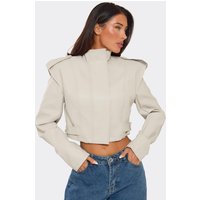 Long Sleeve High Neck Shoulder Detail Jacket In Stone Faux Leather, Women's Size US 6