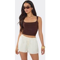 Low Rise Drawstring Waist Mini Shorts In Cream Satin, Women's Size UK 10