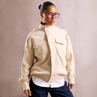 Long Sleeve High Neck Oversized Pocket Detail Bomber Jacket In Stone Faux Suede, Women's Size UK 14