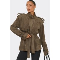 Long Sleeve Funnel Neck Belted Trench Jacket In Brown Faux Suede, Women's Size US 6