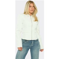 Long Sleeve Shoulder Pad Zip Up Front Cinched Waist Blazer In Cream, Women's Size US 8