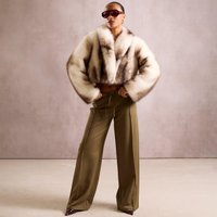 Long Sleeve Collared Cropped Jacket In White And Brown Faux Fur, Women's Size UK 14