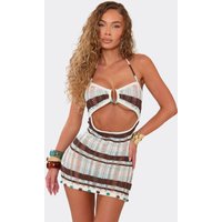 Halterneck Beaded Trim Detail Cut Out Mini Dress In Blue Striped Knit., Women's Size UK L