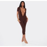 Short Sleeve Cross Front Blouson Jumpsuit In Chocolate Brown, Women's Size US 4