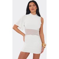 One Shoulder Mesh Panel Detail Mini Dress In White Slinky, Women's Size UK 6