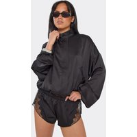 Low Waist Lace Trim Detail Mini Shorts In Black Satin, Women's Size US 8
