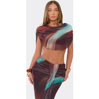 Short Sleeve Cape Top In Brown Abstract Print Mesh, Women's Size UK 8