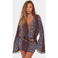 Long Flared Sleeve Plunge Neck Contrast Sequin Detail Mini Dress In Blue Leopard Print, Women's Size UK 6