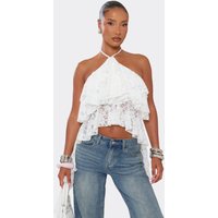 Halterneck Tiered Frill Top In White Lace, Women's Size US 6