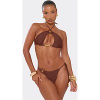 Halterneck Ring Beaded Detail Keyhole Cutout Tie Side Bikini Set In Brown, Women's Size UK 14