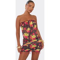 Bandeau Beaded Tassel Hem Ruched Open Back Mini Dress In Multi Floral Animal Print, Women's Size US 8