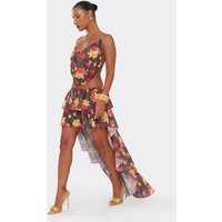 Layered Frill Asymmetric Skirt In Multi Floral Animal Print, Women's Size UK 10