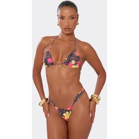 Trim Detail Triangle Bikini Set In Multi Floral Animal Print, Women's Size UK 14