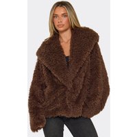 Long Sleeve Oversized Hooded Coat In Chocolate Brown Shaggy Faux Fur, Women's Size US 10