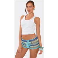 Low Rise Mini Shorts In Blue Striped Crochet Knit, Women's Size UK S