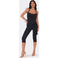 Mid Rise Tie Waist Drape Detail Capri Trousers In Black Lace, Women's Size UK 12