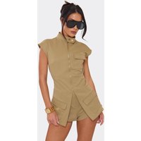 Sleeveless Zip Up Detail Utility Playsuit In Khaki, Women's Size UK 10