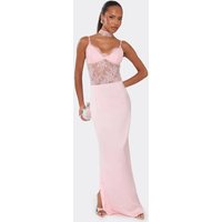 Strappy Lace Detail Maxi Dress With Choker In Pink Satin., Women's Size UK 10