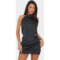 High Neck Lace Trim Mini Blouson Dress In Black Satin, Women's Size UK 8