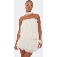 Bandeau Blouson Frill Hem Lace Panel Mini Dress In Cream, Women's Size UK 14