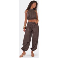Drape Detail Cuffed Hem Balloon Trousers In Chocolate Brown, Women's Size US 4