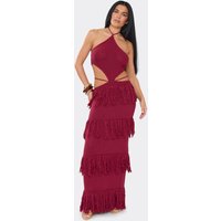 Halterneck Cut Out Fringe Detail Maxi Dress In Burgundy Knit., Women's Size UK M