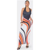 Plunge Halterneck Maxi Dress In Multi Abstract Print, Women's Size UK 8