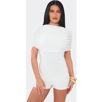 High Neck Cape Sleeve Ruched Hot Pant Playsuit In White, Women's Size US 8