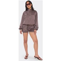 Mid Rise Drawstring Waist Mini Shorts In Chocolate Brown Satin, Women's Size UK 6