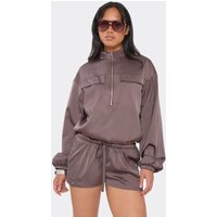 Long Sleeve Zip Up Front Pocket Detail Jacket In Chocolate Brown Satin, Women's Size US 2