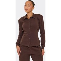 Short Sleeve Button Up Front Tie Back Top In Chocolate Brown Interlock., Women's Size US 4