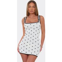 Square Neck Contrast Hem Mini Dress In White Polka Dot Knit, Women's Size UK M/L