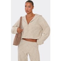 Long Sleeve Zip Up Front Hoodie In Cream Soft Stripe Fleece, Women's Size UK 10