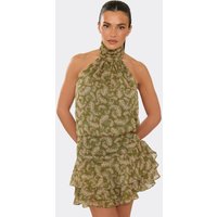 Halterneck Ruffle Hem Mini Dress In Multi Abstract Print, Women's Size UK L