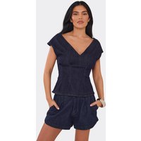 V Neck Peplum Detail Top In Indigo Blue Denim, Women's Size UK S